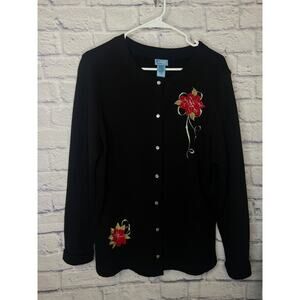 🪩 Classic Elements Vintage Full Snap Black Cardigan Embroidered Poinsettia Large
